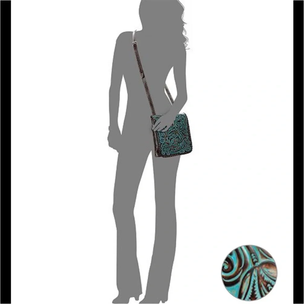 Patricia Nash Granada Tooled Leather Crossbody Antique Brown Turquoise - Picture 2 of 8